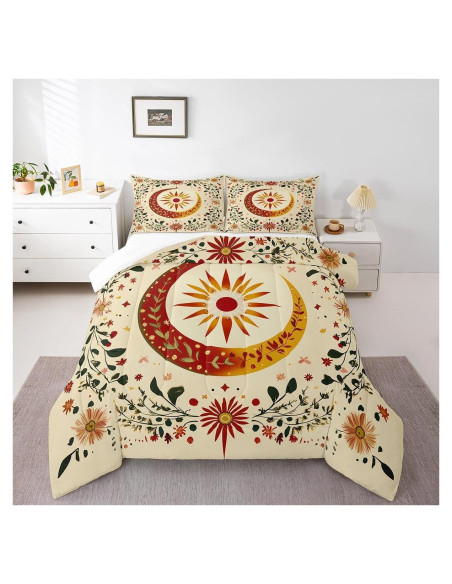 Juego de Edredón Rey jejeloiu Sol Luna Microfibra Floral