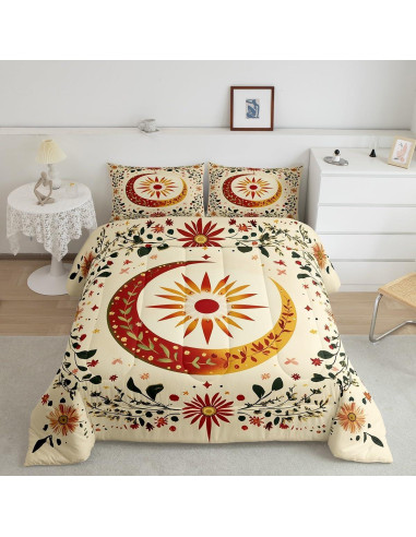 Juego de Edredón Rey jejeloiu Sol Luna Microfibra Floral