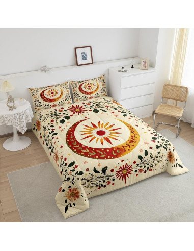 Juego de Edredón Rey jejeloiu Sol Luna Microfibra Floral