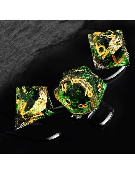 Conjunto de Dados Poliedricos EZUO 7pcs Verde Anillo Dorado