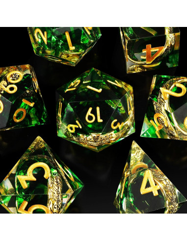 Conjunto de Dados Poliedricos EZUO 7pcs Verde Anillo Dorado