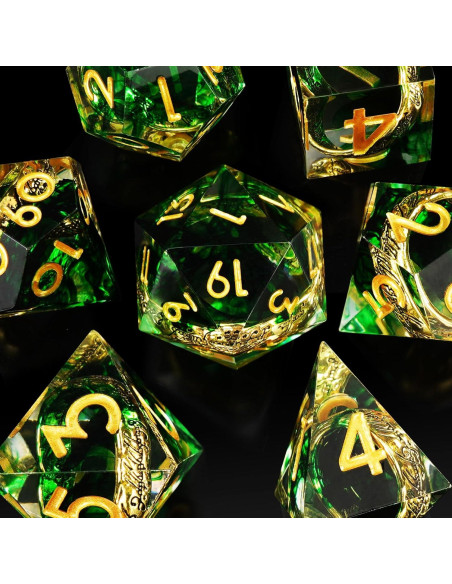 Conjunto de Dados Poliedricos EZUO 7pcs Verde Anillo Dorado