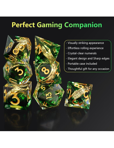 Conjunto de Dados Poliedricos EZUO 7pcs Verde Anillo Dorado