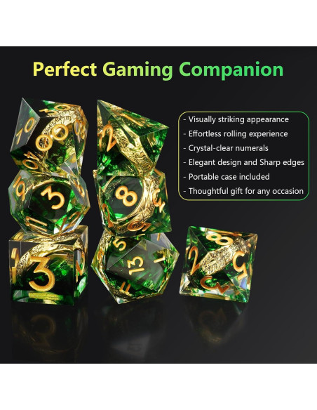 Conjunto de Dados Poliedricos EZUO 7pcs Verde Anillo Dorado