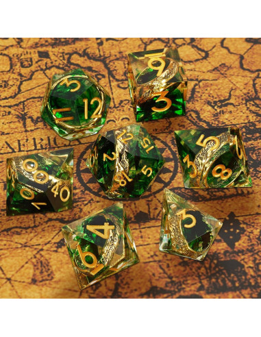 Conjunto de Dados Poliedricos EZUO 7pcs Verde Anillo Dorado