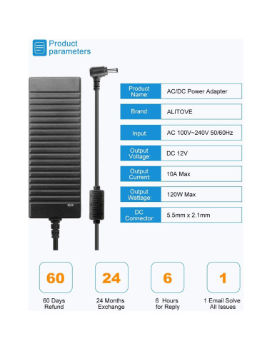 Fuente de Poder ALITOVE 12V 10A 120W Adaptador AC-DC