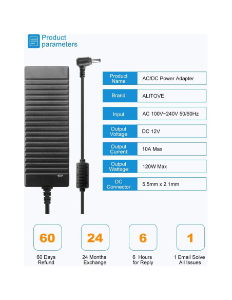 Fuente de Poder ALITOVE 12V 10A 120W Adaptador AC-DC