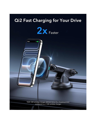 Cargador de Coche Inalámbrico ESR Qi2 15W Magnético con Ventosa