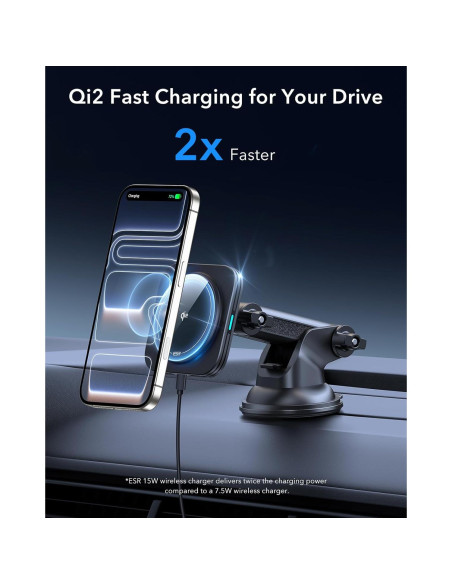 Cargador de Coche Inalámbrico ESR Qi2 15W Magnético con Ventosa