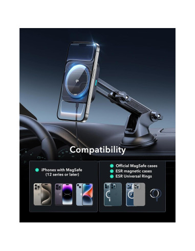 Cargador de Coche Inalámbrico ESR Qi2 15W Magnético con Ventosa