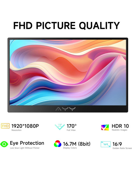 Monitor Portátil AYY 15" FHD 1080P USB-C HDMI con Altavoces