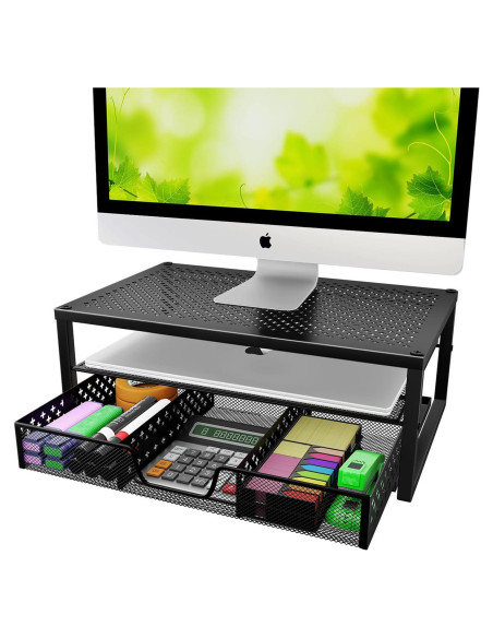 Soporte Elevador de Monitor de Metal Negro con Cajón Organizador