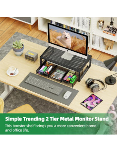 Soporte Elevador de Monitor de Metal Negro con Cajón Organizador 2