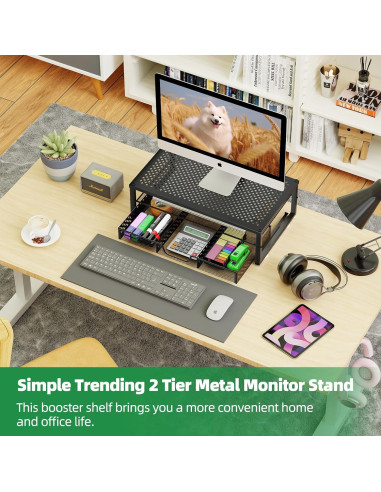 Soporte Elevador de Monitor de Metal Negro con Cajón Organizador