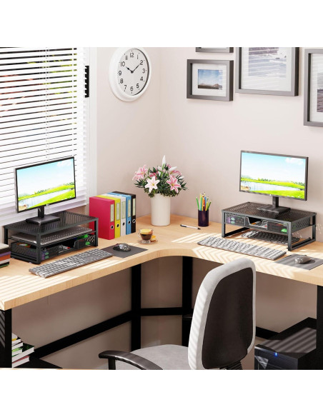 Soporte Elevador de Monitor de Metal Negro con Cajón Organizador