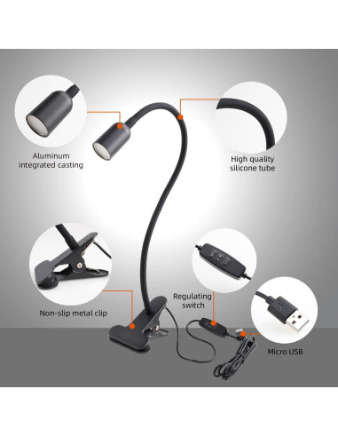 Luz LED de Lectura Clip-On DAMI con Cuello Flexible 3W