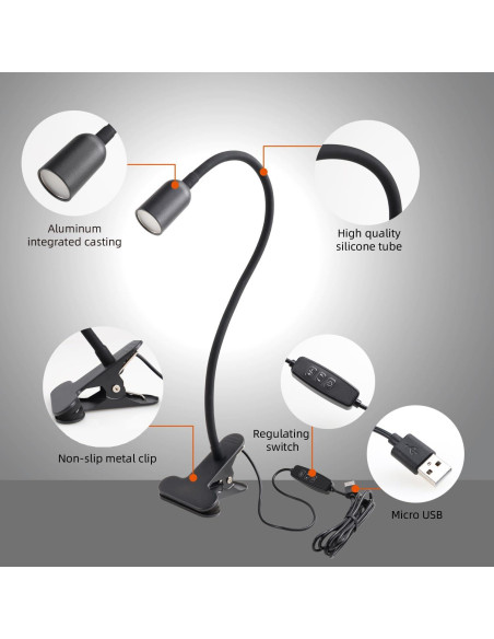 Luz LED de Lectura Clip-On DAMI con Cuello Flexible 3W