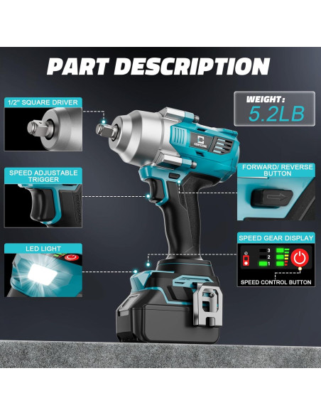 Llave de impacto inalámbrica 1/2" Cerycose 750 Nm sin batería