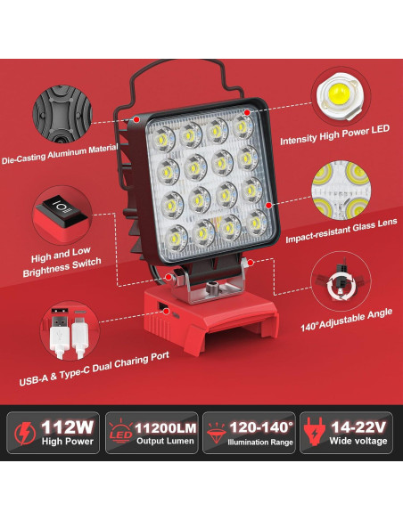Luz de Trabajo LED Inalámbrica MtiolHig 112W 11200 Lúmenes 2PCS
