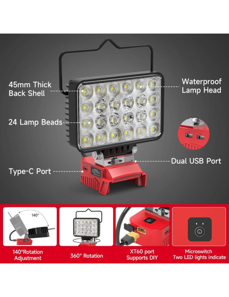 Luz de Trabajo LED Azocek 72W 7200LM 18V Inalámbrica