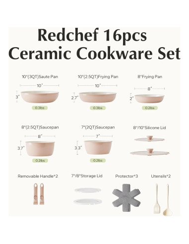 Juego de Sartenes y Ollas Redchef 16 Piezas Cerámica Rosa