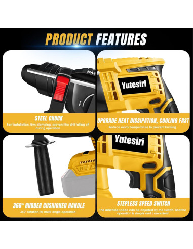 Martillo Perforador Inalámbrico Yutesiri 20V SDS Sin Escobillas