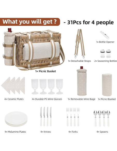 Cesta de Picnic Grande G GOOD GAIN 31 Piezas con Manta y Enfriador