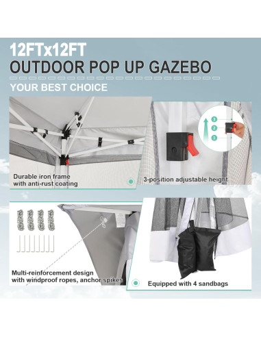 Gazebo Pop Up COBIZI 12x12ft Gris con Mosquitera y Bolsa