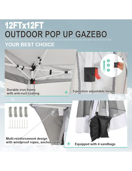 Gazebo Pop Up COBIZI 12x12ft Gris con Mosquitera y Bolsa