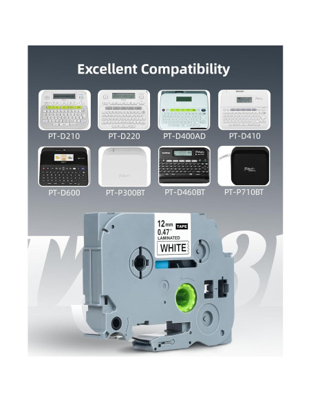 Cinta de Etiqueta Brother TZe 12mm Blanca - Paquete de 8