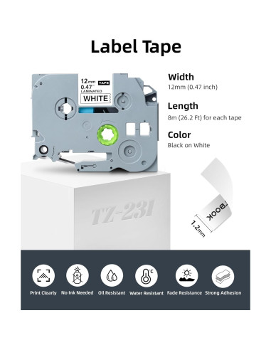 Cinta de Etiqueta Brother TZe 12mm Blanca - Paquete de 8