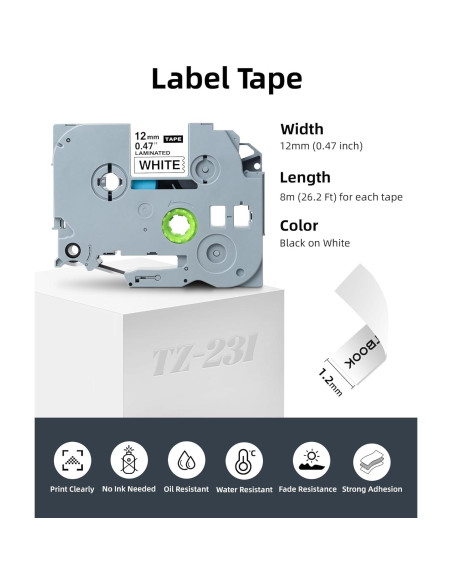 Cinta de Etiqueta Brother TZe 12mm Blanca - Paquete de 8