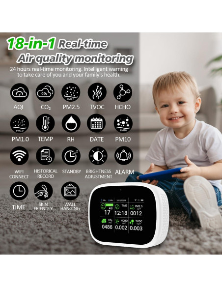 Monitor de Calidad del Aire Bcetasy 18-en-1 WiFi - AQI, CO2, PM2.5