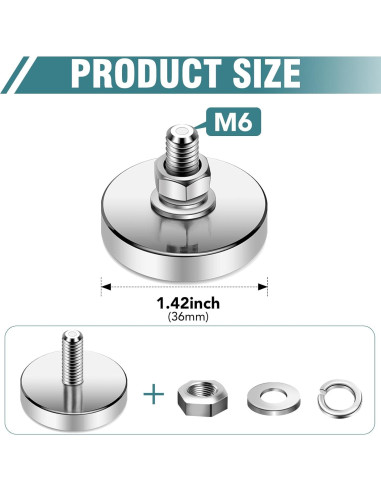 Imán Redondo Neodimio 36mm 68kg con Tornillos y Tuercas - 4 Pzs