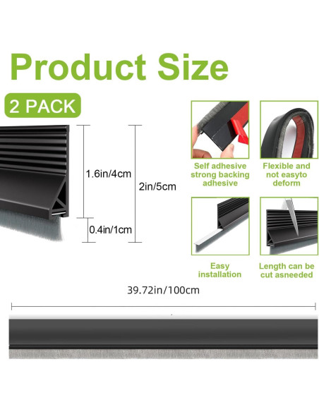 2 PCS Cepillo de Puerta Barrido Inferior DINGLIAN 5.08 cm x 99 cm Negro