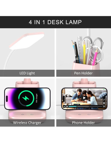 Lámpara de Escritorio LED Vicsoon Rosa con Cargador Inalámbrico