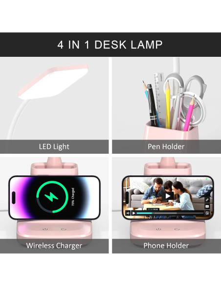 Lámpara de Escritorio LED Vicsoon Rosa con Cargador Inalámbrico