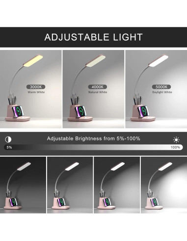 Lámpara de Escritorio LED Vicsoon Rosa con Cargador Inalámbrico