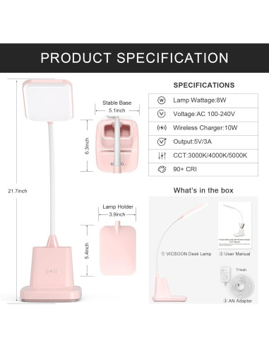 Lámpara de Escritorio LED Vicsoon Rosa con Cargador Inalámbrico