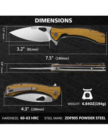 Cuchillo de bolsillo SHAN ZU 8.13 cm acero en polvo EDC beige