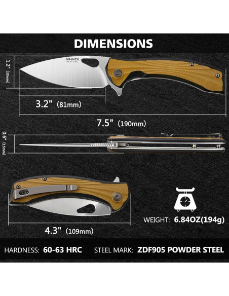 Cuchillo de bolsillo SHAN ZU 8.13 cm acero en polvo EDC beige