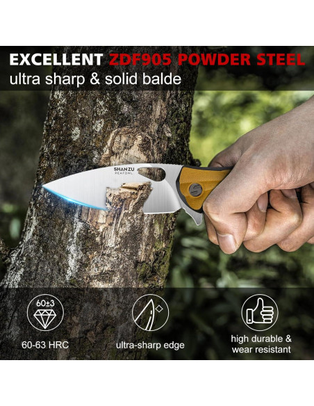 Cuchillo de bolsillo SHAN ZU 8.13 cm acero en polvo EDC beige