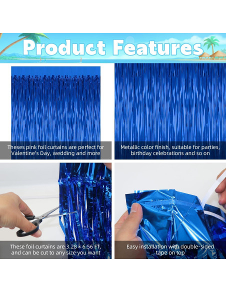 Paquete de 3 Cortinas de Foil Azul LULEEYANG 1x2m Decoración Fiesta