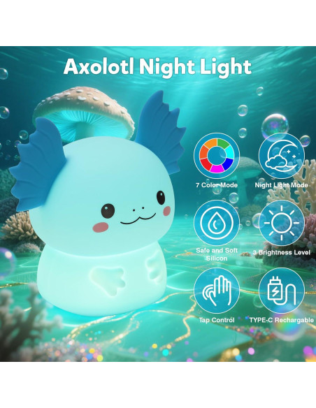 Luz Nocturna Axolote Ollycasa, 7 Colores, Recargable, 11cm