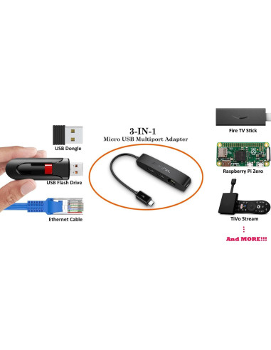 Adaptador Ethernet Micro USB 3-en-1 AuviPal - 2 USB + RJ45
