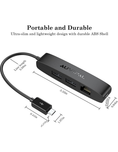 Adaptador Ethernet Micro USB 3-en-1 AuviPal - 2 USB + RJ45