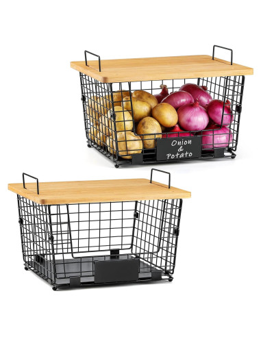 Cestas de Alambre Apilables XXL AOZITA con Tapa de Bambú