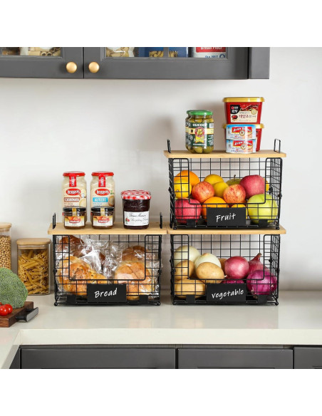 Cestas de Alambre Apilables XXL AOZITA con Tapa de Bambú