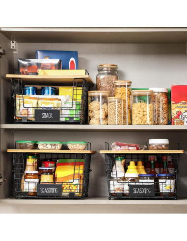 Cestas de Alambre Apilables XXL AOZITA con Tapa de Bambú