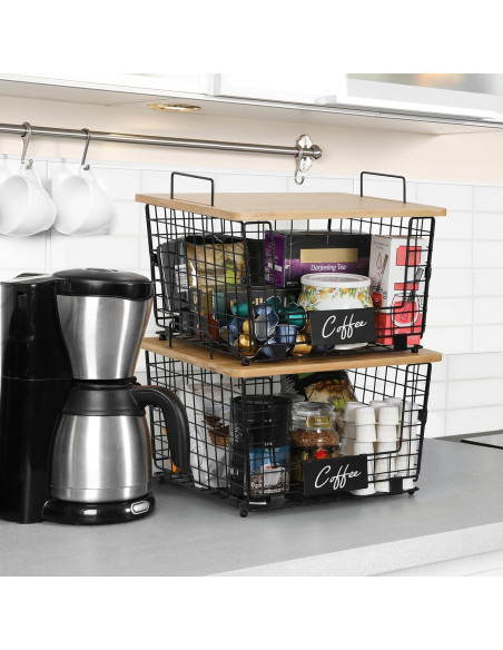 Cestas de Alambre Apilables XXL AOZITA con Tapa de Bambú